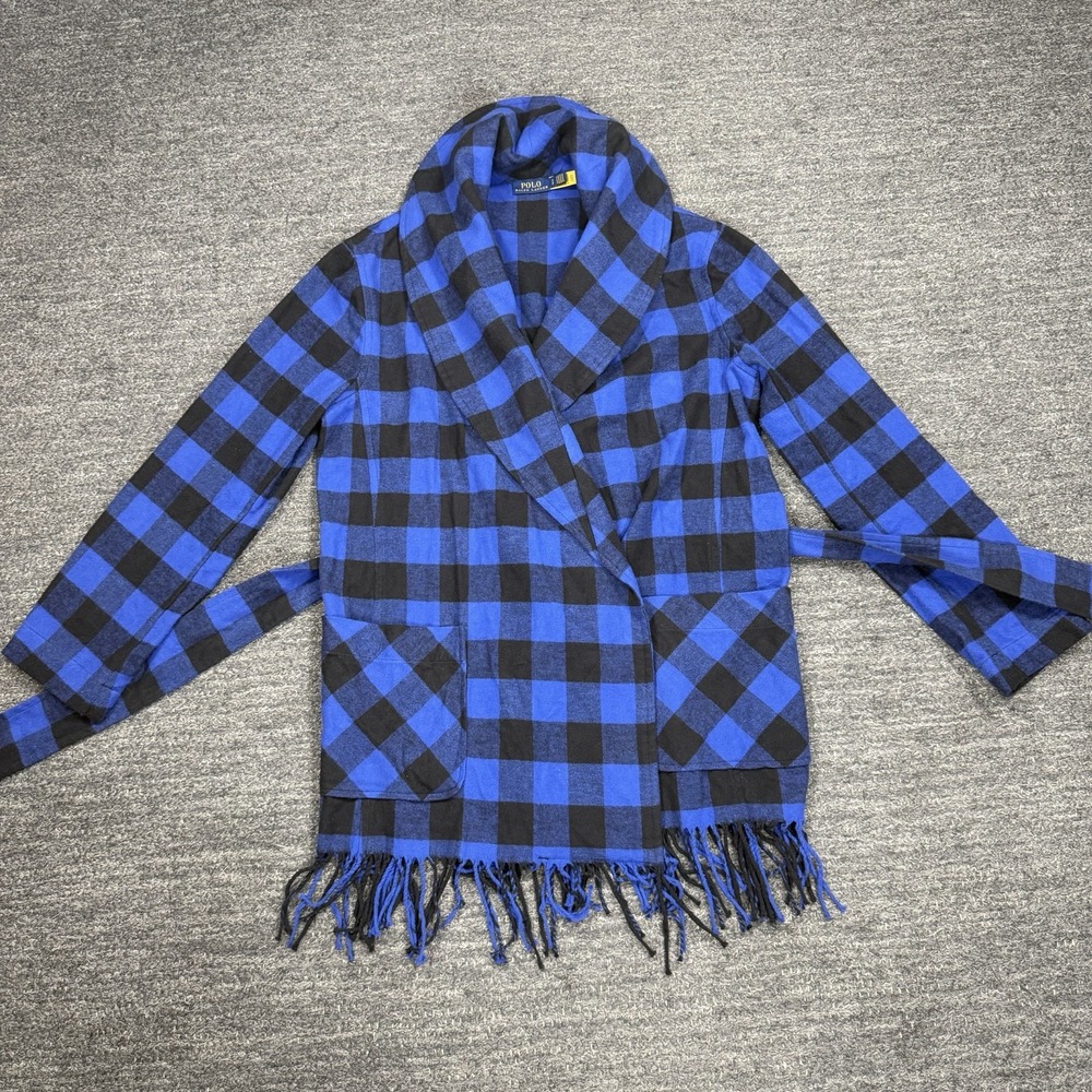 Polo Ralph Lauren Jacket Women Small Blue Buffalo Plaid Fringe Belt Coat flannel - Picture 4 of 14